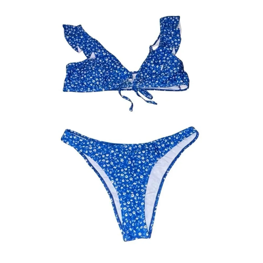 Blue Floral Bikini + Matching Skirt Set